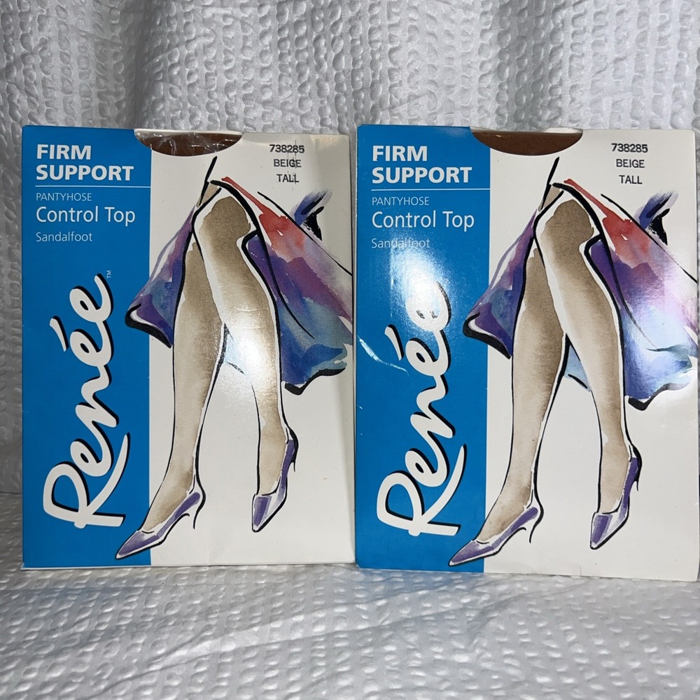 2 Vtg Renee Tall Firm Support Control Top Pantyhose Beige Sandalfoot USA NOS